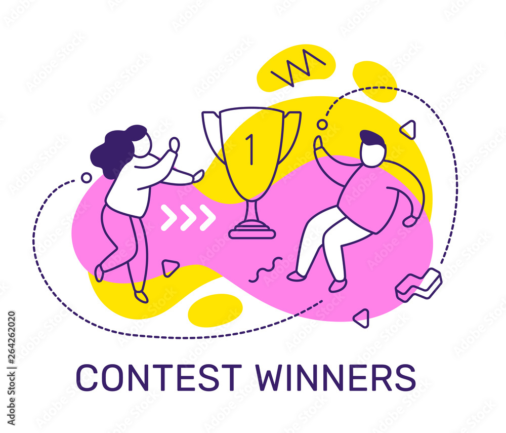 Obraz premium Vector business illustration of people with golden cup on color background. Winner concept with man, woman, text.