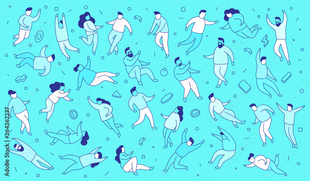 Obraz premium Vector illustration of set of people on blue background in casual clothes in different poses