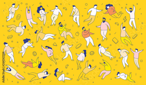 Vector illustration of set of people in colored clothes in different poses on yellow background. © wowomnom