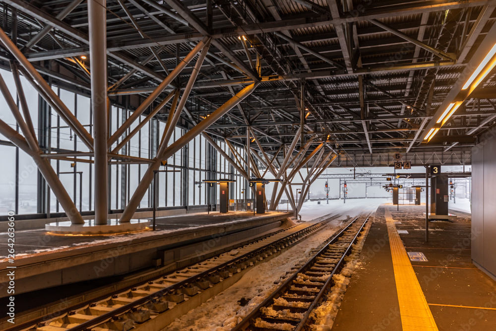 Empty railway and platform covered with white snow