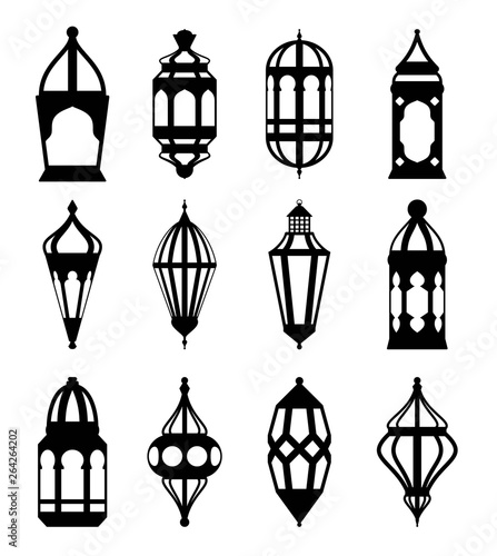 Arabic or Islamic lanterns set. Black silhouette collection