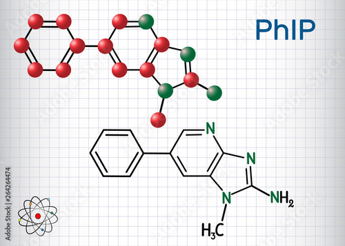 PhIP ( 2-amino-1-methyl-6-phenylimidazo(4,5-b)pyridine) molecule. Structural chemical formula and molecule model. Sheet of paper in a cage