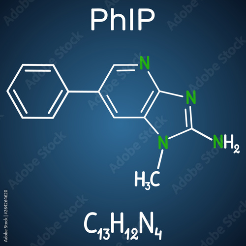 PhIP ( 2-amino-1-methyl-6-phenylimidazo(4,5-b)pyridine) molecule. Structural chemical formula and molecule model on the dark blue background