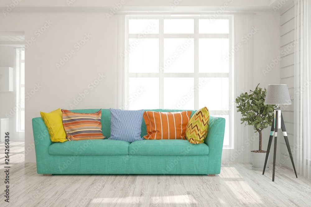 Stylish room in white color with sofa. Scandinavian interior design. 3D illustration Stylish room in white color with sofa. Scandinavian interior design. 3D illustration