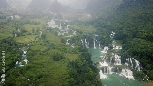 Panorama view of beautiful waterfall. Ban Gioc waterfall, Detian waterfall are waterfalls in border Cao Bang, Vietnam and Daxin County, China. Stock video footage, amazing landscape for travel photo