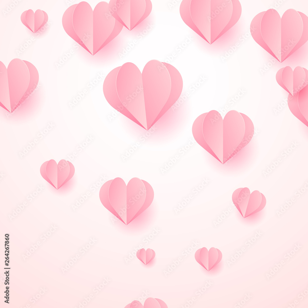 Falling pink paper hearts on white background. Vector