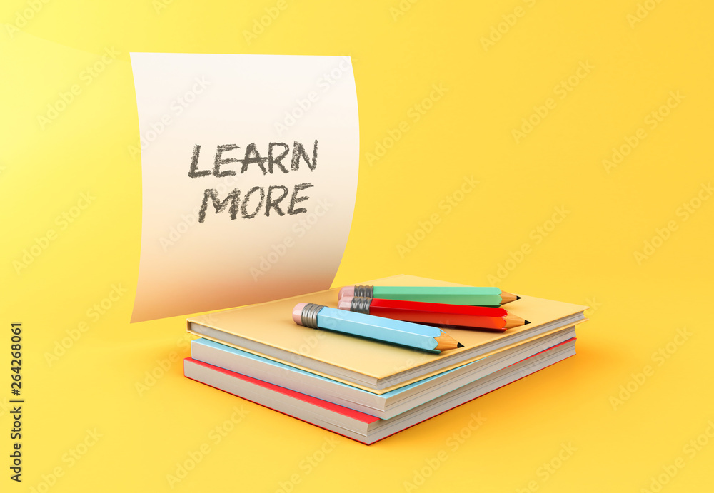 3d Stack of colorful books, pencils and sheet of paper 3d Stack of colorful books, pencils and sheet of paper