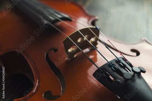 Violin lying on wooden background.