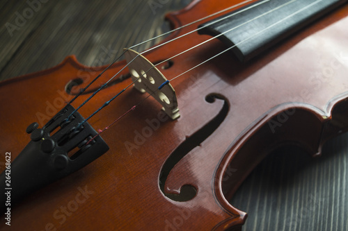 Violin lying on wooden background.