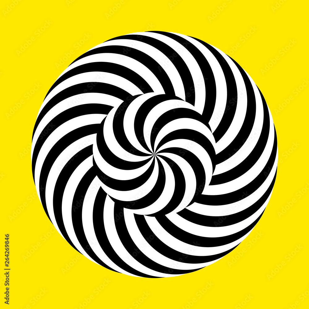 Twirling spin circle. Circular geometric pattern with moving effect of rotation. Black and white optical symbol with striped lines.