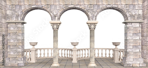 Fotografie, Tablou Stone gallery with columns and semicircular balustrades -  illustration 3D rende