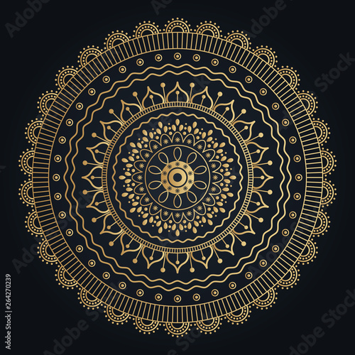 Golden maya flower mandala on black background. Folk ornamental illustration.