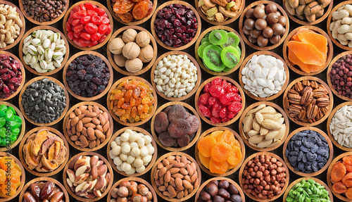 assorted nuts and dried fruit background. organic food in wooden bowls, top view. photo