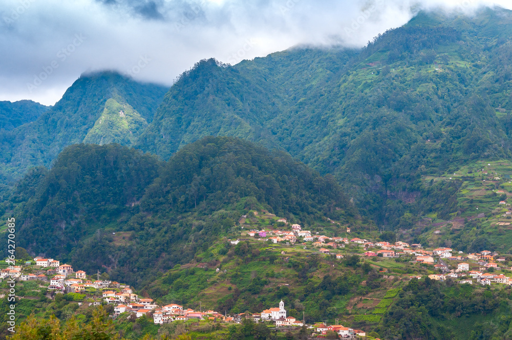 View of mountains on the route Vereda da Penha de Aguia, Madeira Island, Portugal