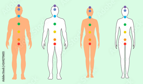 Silhouettes of men and women with seven colored sacred points. Vector illustration.