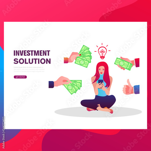 Business infographics. Flat design illustration. A woman shows a lamp idea, hands give him money.