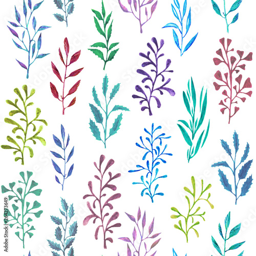 hand-drawn watercolor floral pattern abstract style of twigs with leaves seamless pattern. endless motif for textile decor and design