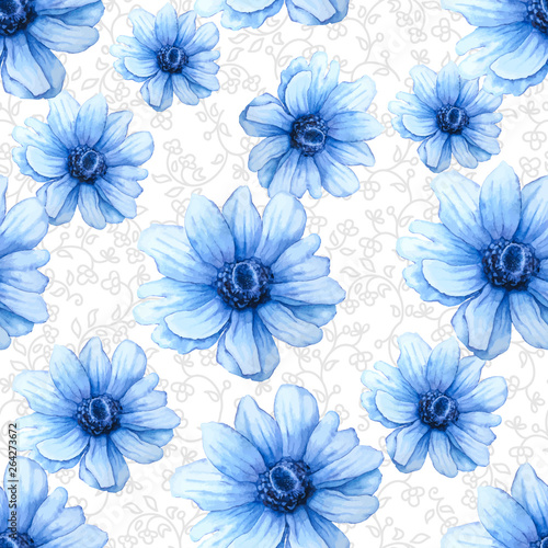 Watercolor colorful pattern with blue anemone flowers on white background. Hand drawing Illustration