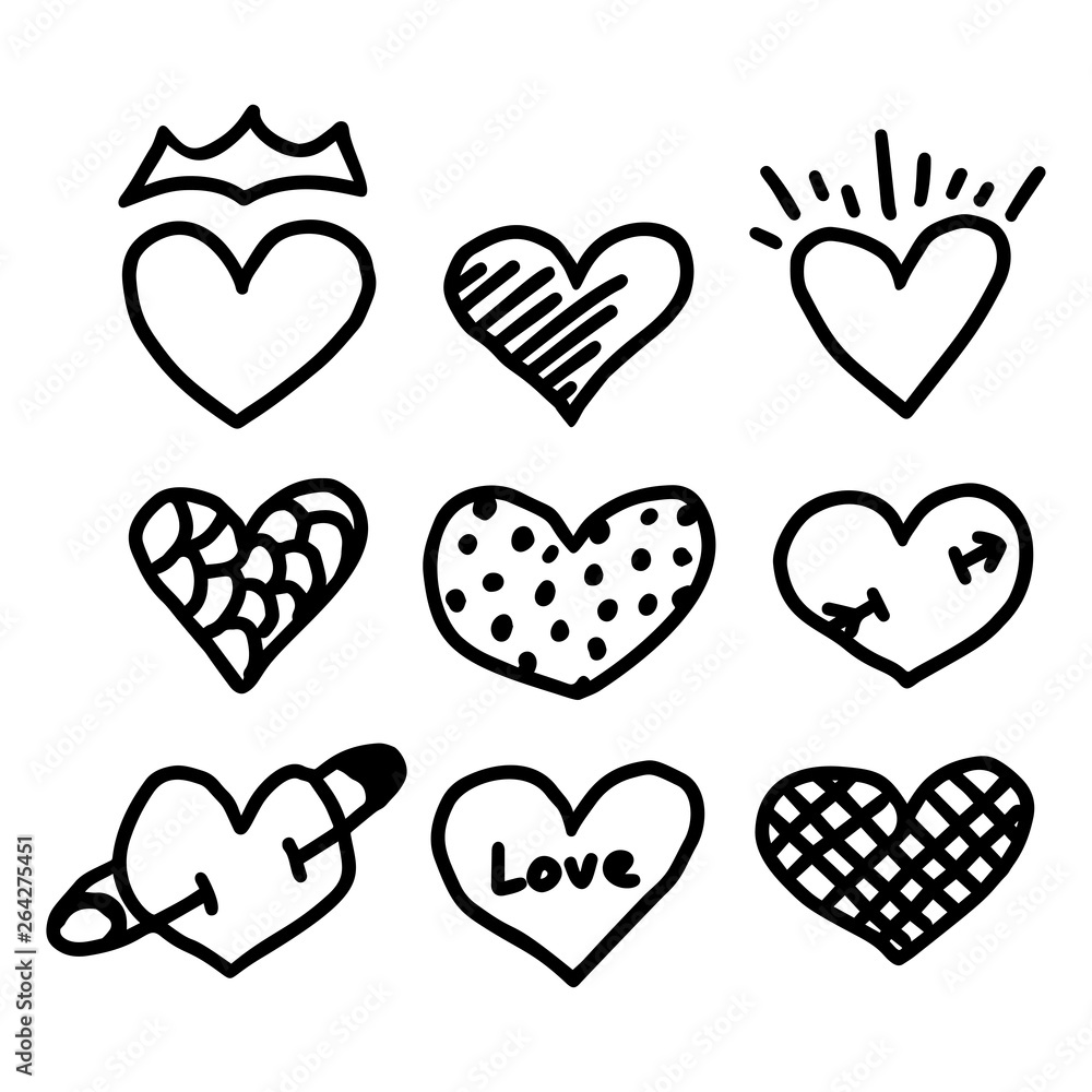Hearts hand drawn set. Brush, marker, hatching Hearts hand drawn set. Brush, marker, hatching