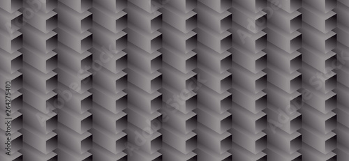 Isometric seamless pattern, volume realistic texture, black white background. 3d geometric tiles with cubes. Architectural uncolored backdrop for web, wallpaper, fabric, wrapping, paper, print.