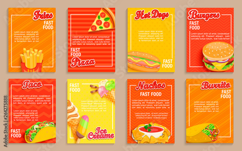 Big set of fast food shop flyers,banners.Collection of fries, pizza, hot dog,burger and nachos,burrito taco and ice cream menu pages for cafeteris,resaurant.Posters for truck advertise.Design template