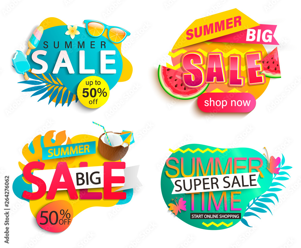 Set of summer sale stickers.Hot season discount price tag.Invitation for  online shopping with 50 percent price off, special offer card,template for  design, banner for Mid or end of season.Vector Stock ベクター