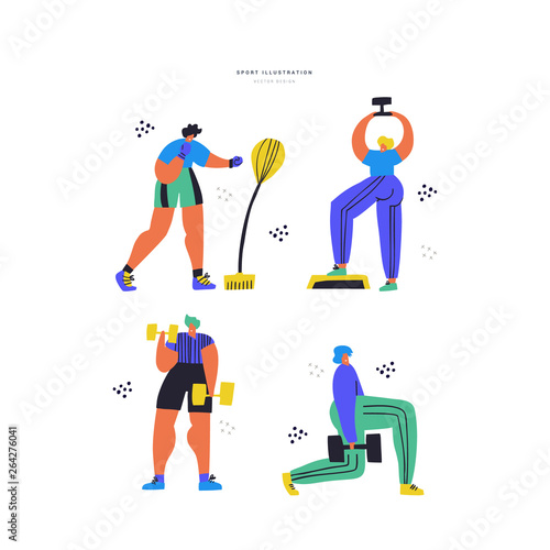 Workout, training hand drawn flat illustration set