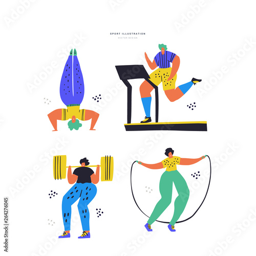 Fitness training hand drawn color illustration set