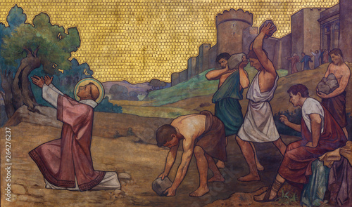 PRAGUE, CZECH REPUBLIC - OCTOBER 17, 2018: The stoning of St. Stephen freso in the church kostel Svatého Cyrila Metodeje by  S. G. Rudl (1896).