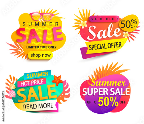 Set of summer sale and discount stickers.Special offer for mid or end of hot season. Low price tag.Invitation for online shopping with 50 percent off, template for design, banner. Vector illustration.