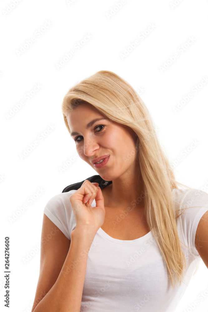 attraktive junge blonde Frau auf Weiß attraktive junge blonde Frau auf Weiß