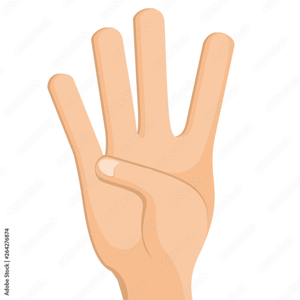 A hand props four fingers. human body part on white background A hand props four fingers. human body part on white background