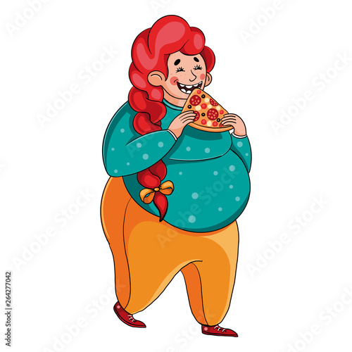 The fat girl eats a slice of pizza on the go. Cute Girl with overweight. Woman size plus on white background. Beautiful hairstyle