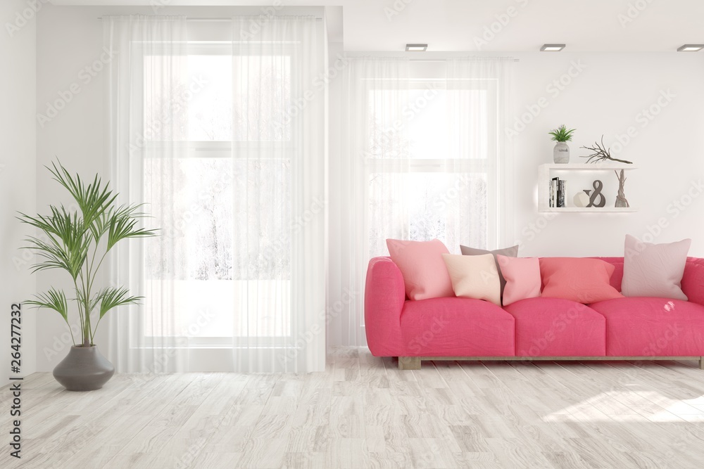 Fototapeta premium Stylish room in white color with sofa. Scandinavian interior design. 3D illustration