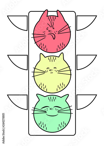 Traffic light with a cat. Red is an evil animal. Yellow - calm pet. Green - a joyful cat. Symbolic allegory. Vector illustration