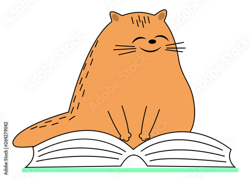 Cute red cat. The pet is sitting on the book. The animal reads and smiles. Cartoon image. Vector illustration