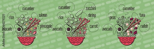 Vector menu of fish and seafood poke bowl on wooden background. Illustrations of a lunch of Hawaiian cuisine with lettering. Salmon, tuna, shrimp, cucumber, radish, avocado, soy sauce.