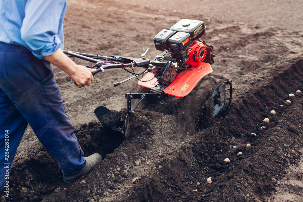 Farmer driving small tractor for soil cultivation and potato planting. Spring preparation Farmer driving small tractor for soil cultivation and potato planting. Spring preparation