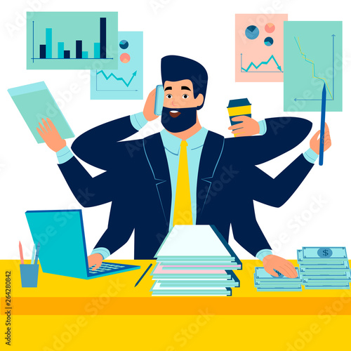 A man businessman has time to do everything. A man with a lot of hands. In minimalist style. Cartoon flat Vector