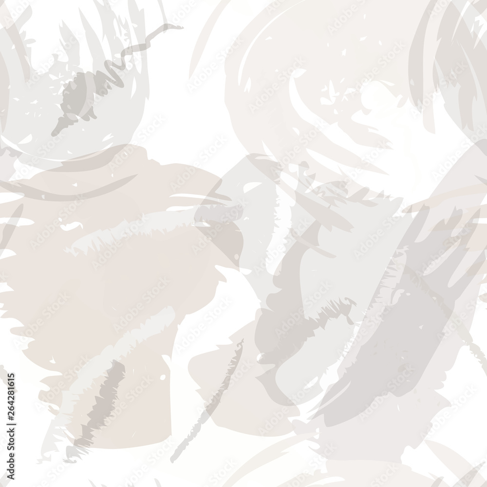 Abstract brush storkes, splatters and crayon marks background. Vector seamless creative pattern with hand painted shapes in neutral light colors.