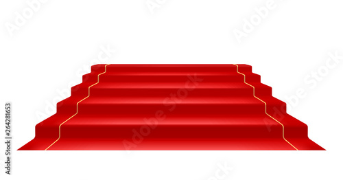 Red carpet and Golden barrier with rope for Vip presentation. Defence equipment for guard celebrity on red carpet. Isolated white background. Eps10 vector illustration.