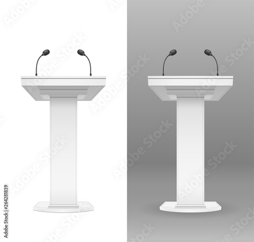 White tribune with microphone for speaker. Equipment for event. Orator place for performance. Isolated background. Eps10 vector illustration.