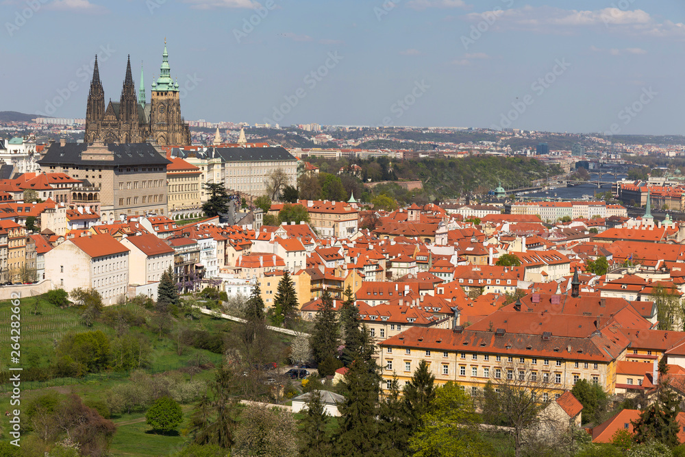 Spring Prague City with gothic Castle and the green Nature and flowering Trees, Czech Republic