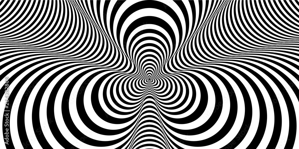 Abstract black and white striped background. Hypnotic trance texture. Op art monochrome abstraction. Psychedelic illusive illustration.
