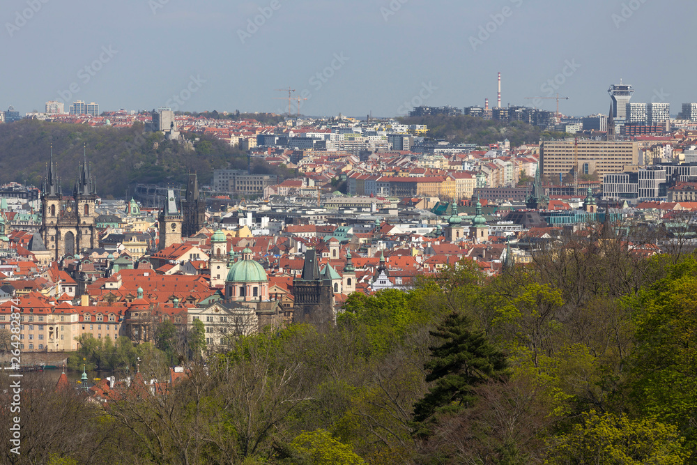 Spring Prague City with St. Nicholas' Cathedral and the green Nature and flowering Trees, Czech Republic