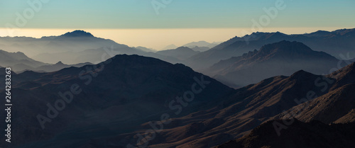 Egypt. Mount Sinai in the morning at sunrise.  Mount Horeb  Gabal Musa  Moses Mount . Pilgrimage place and famous touristic destination.