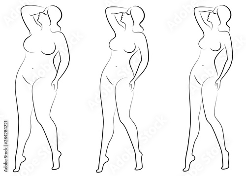 Collection. Silhouette of a beautiful woman figure. The girl is thin, the woman is overweight. The lady is standing, she is slim and sexy. Set of vector illustrations