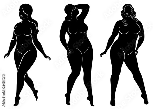 Collection. Silhouette of a beautiful woman figure. The girl is thin, the woman is overweight. The lady is standing, she is slim and sexy. Set of vector illustrations