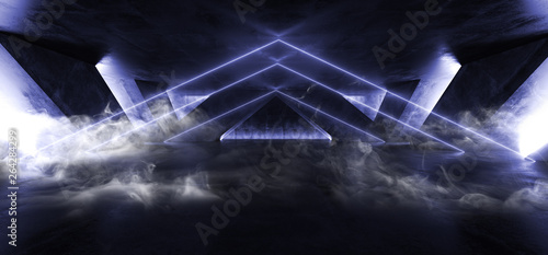 Smoke Fog Triangle Laser Fluorescent Sci Fi Futuristic Neon Glowing Blue Cyber Luminous Vibrant Lights In Dark Empty Stage Show Underground Garage Room Tunnel Corridor Grunge Concrete 3D Rendering