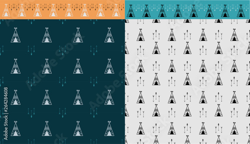 Two tile with wigwam and arrow seamless pattern. And brush tepee. grafic for print poster, wall art, web backdrop, design invation party. Vector illustration in Scandinavian style.